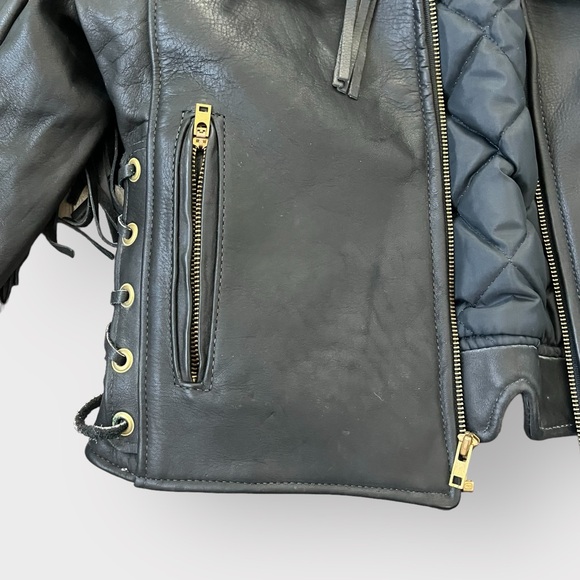 Vintage California Creations Black Fringe Leather Biker Jacket Sz 14 Motorcycle - Picture 5 of 9